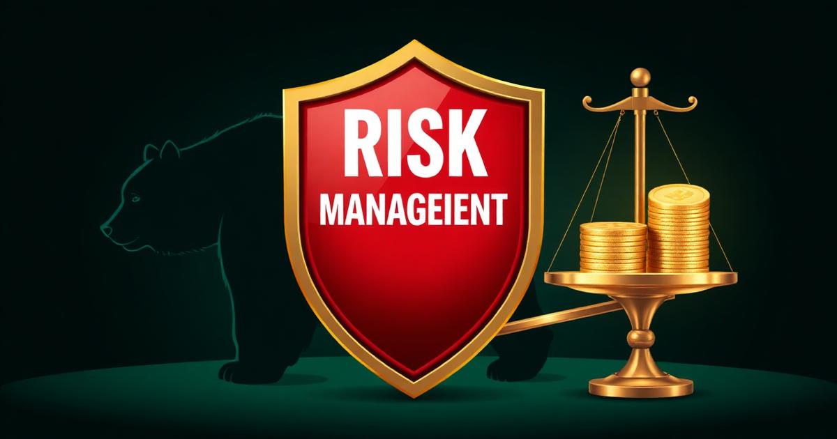 Risikomanagement Schild mit Goldwaage vor dunkelgrünem Hintergrund