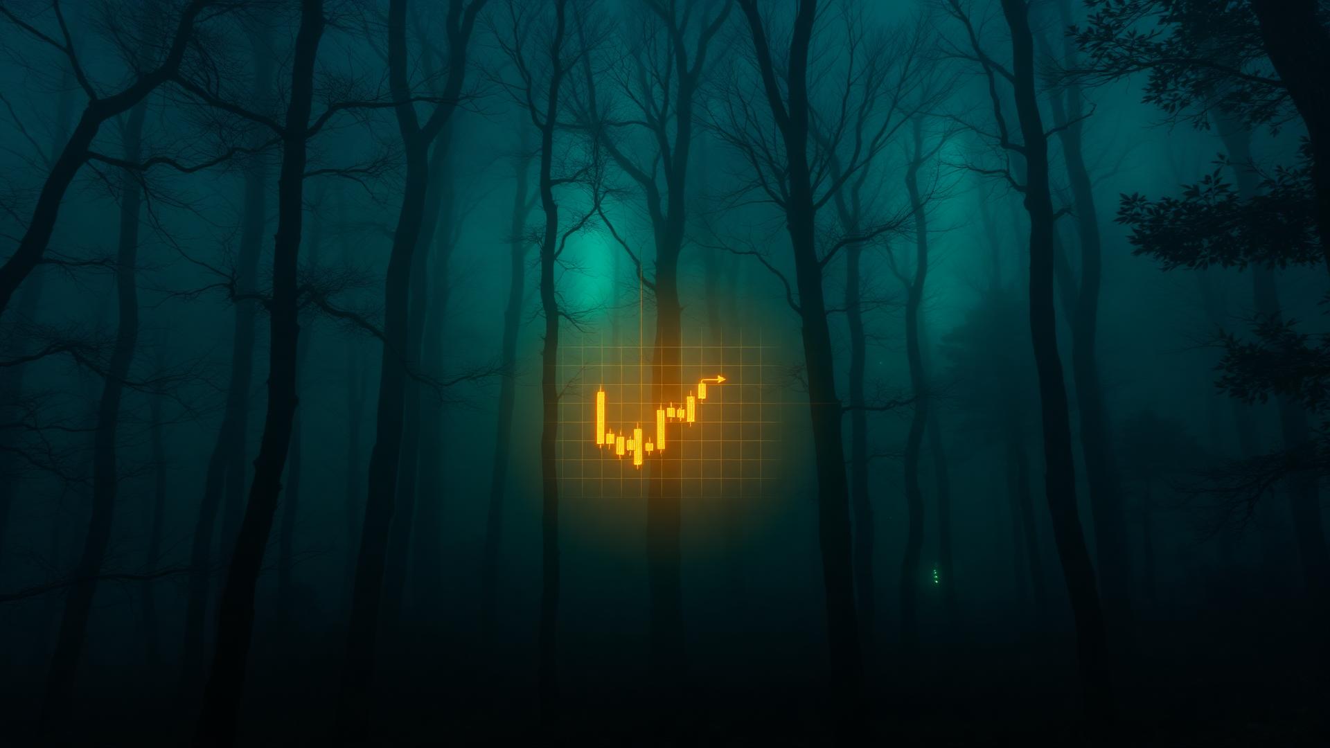 Dunkler Wald mit Kursdiagramm als Symbolbild für RORMarkets Marktforschung